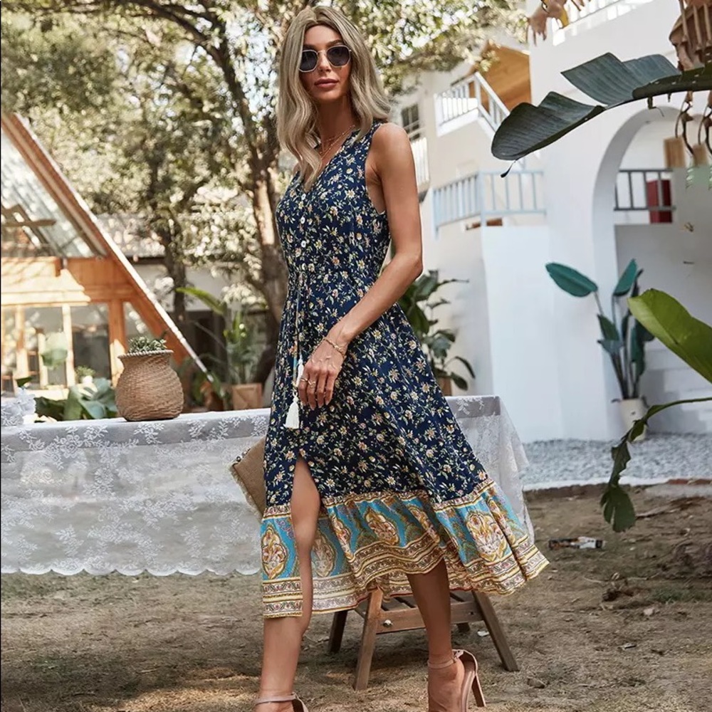 Boho Summer Long FloralPrint SleeveLess Blue Dress